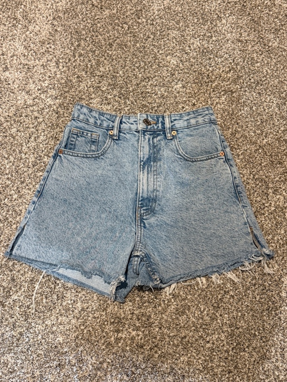 Zara Light Blue High-Waist Distressed Denim Shorts